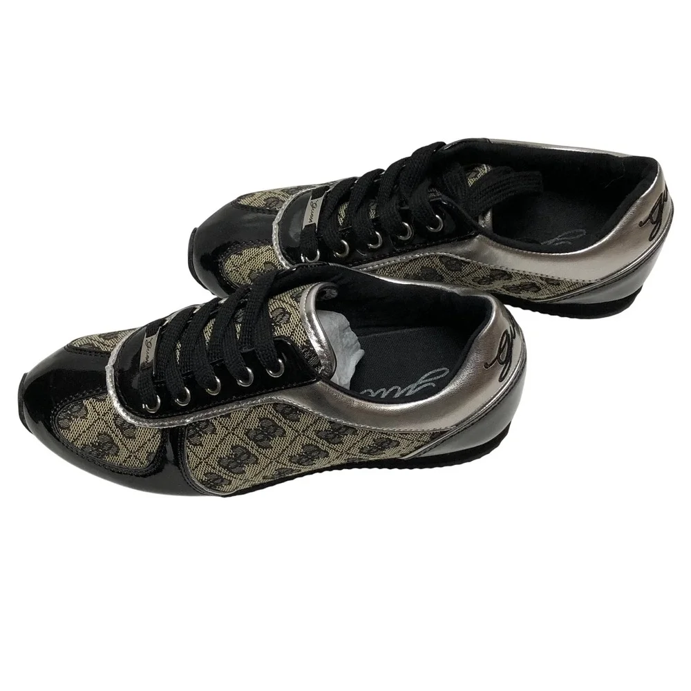 Guess Womens Logo Jacquard Sneakers Black Patent Leather Lace Up Shoes 5 NIB